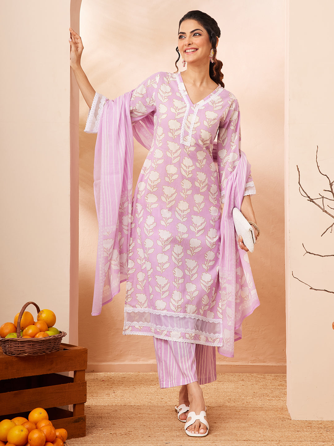 Janasya Women's Lavender Pure Cotton Floral Printed Straight Kurta Set