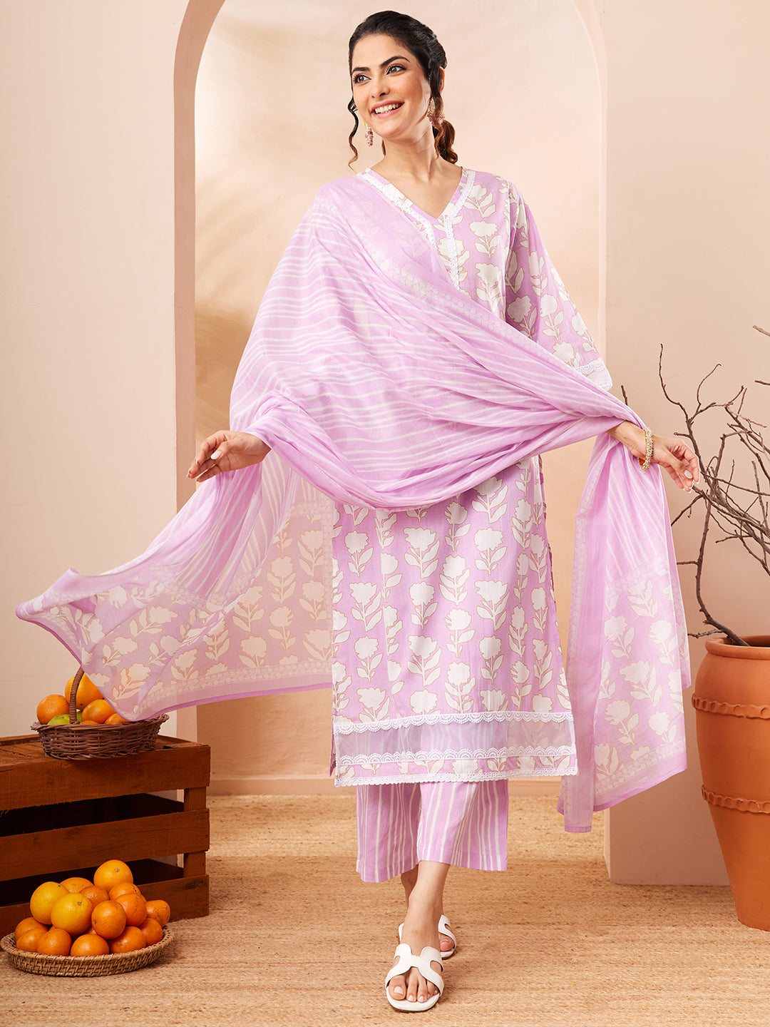 Janasya Women's Lavender Pure Cotton Floral Printed Straight Kurta Set