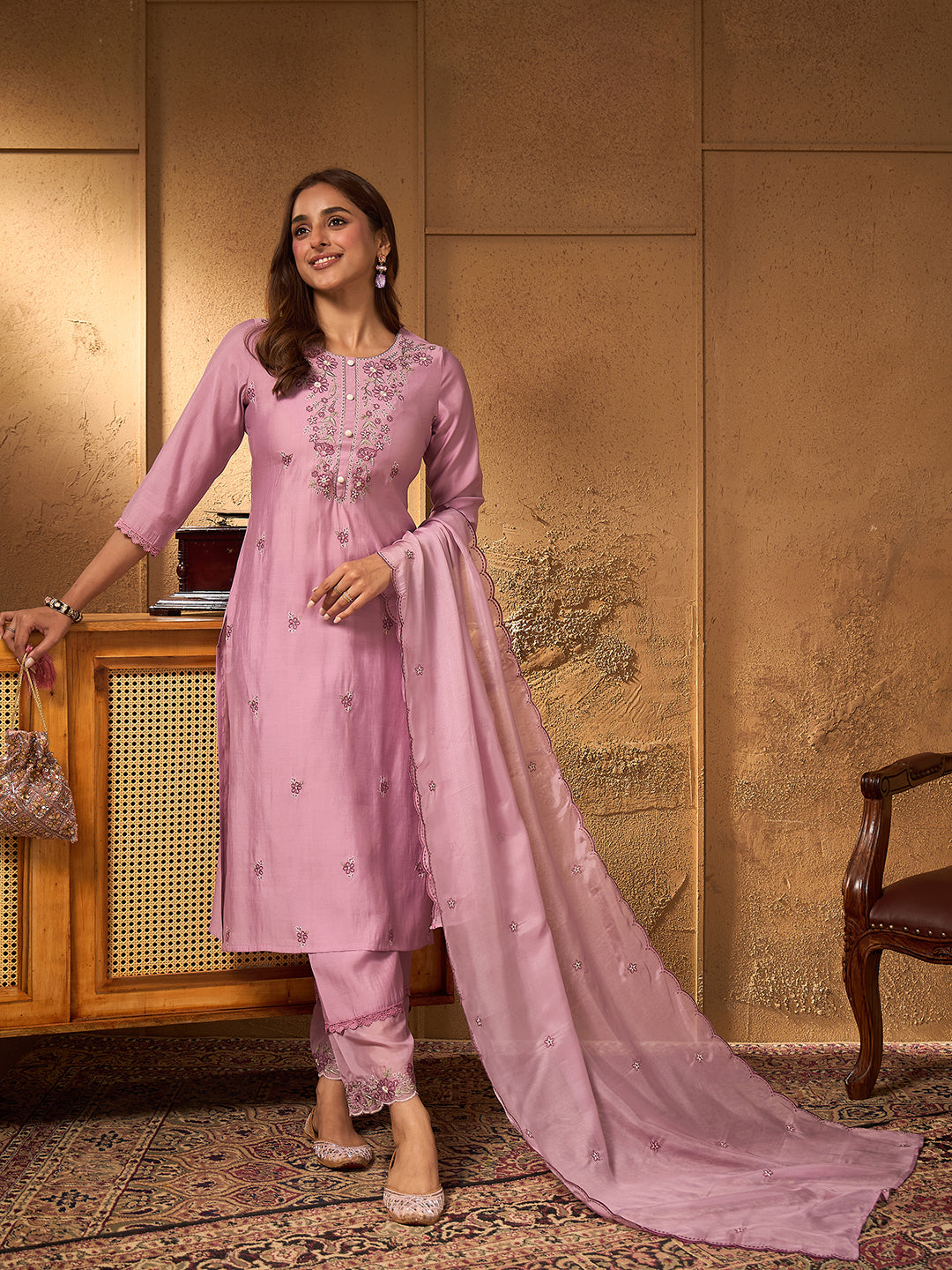 Janasya Women's Lavender Chanderi Silk Floral Embroidered Straight Kurta Set