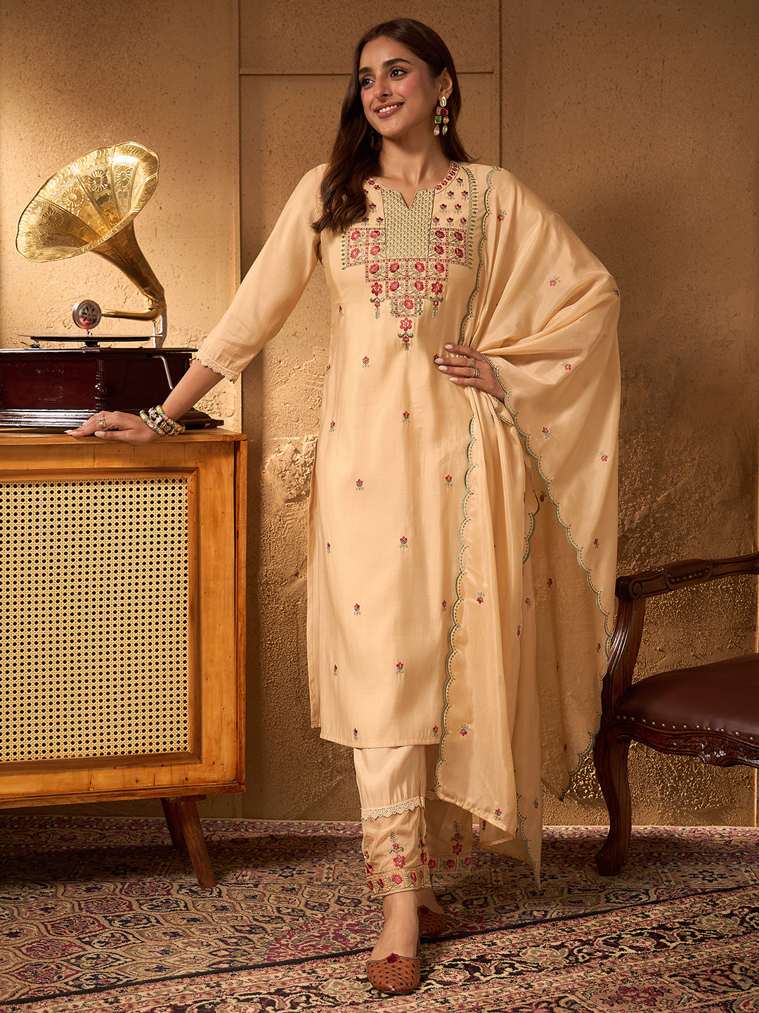 Janasya Women's Beige Chanderi Silk Floral Embroidered Straight Kurta Set