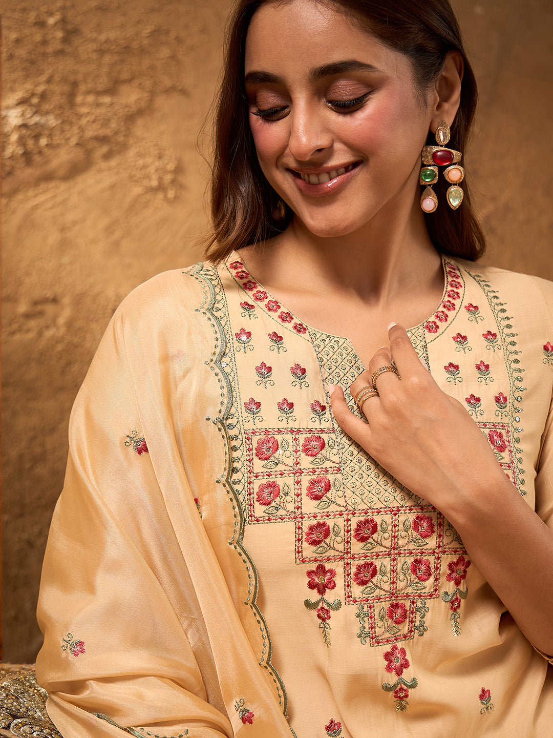 Janasya Women's Beige Chanderi Silk Floral Embroidered Straight Kurta Set