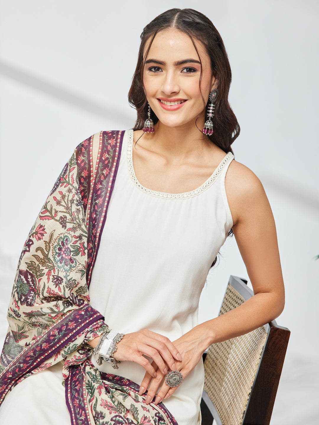 Janasya Women's Off White Rayon Solid Straight Kurta Set with Printed Dupatta