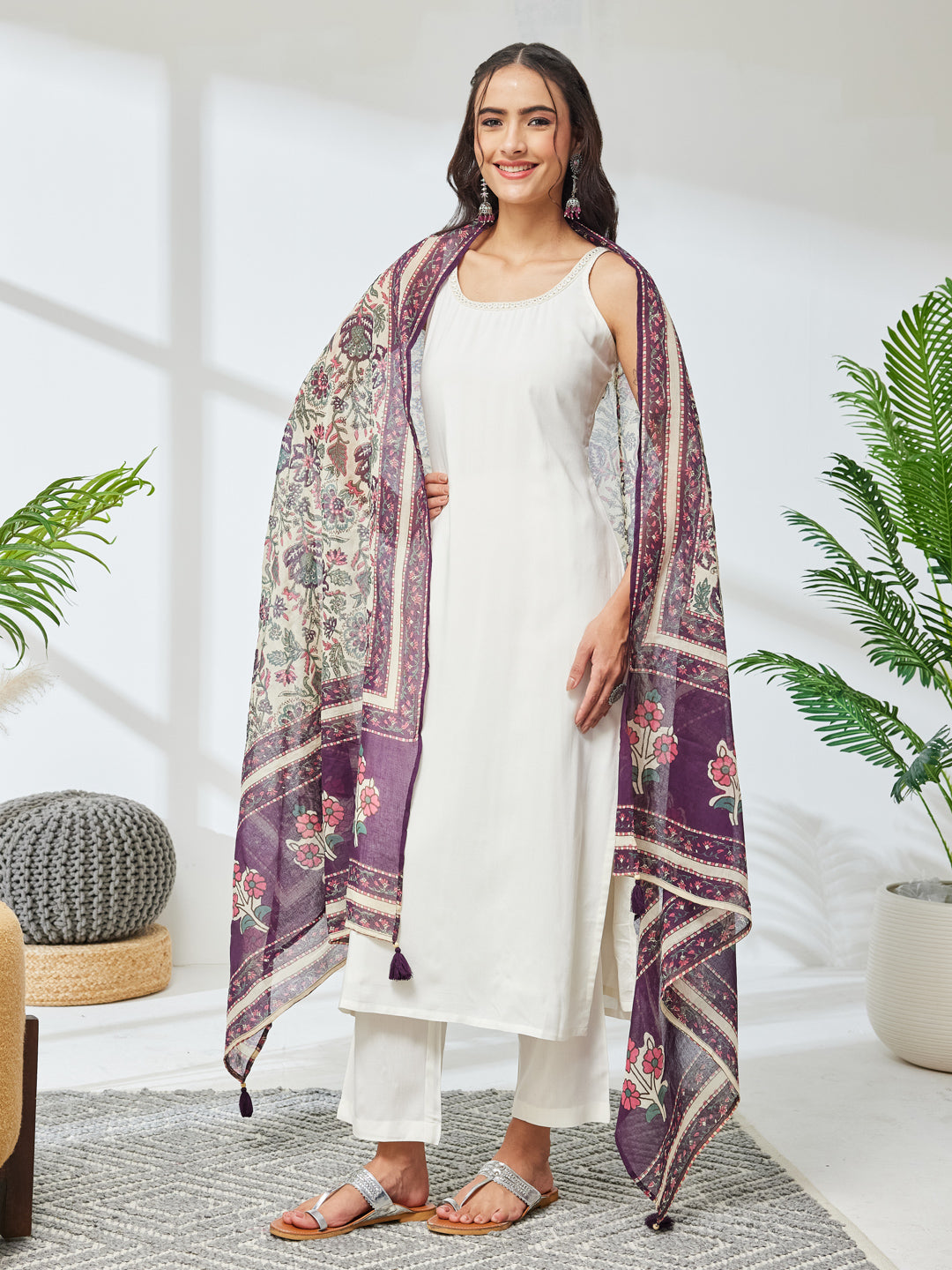 Janasya Women's Off White Rayon Solid Straight Kurta Set with Printed Dupatta