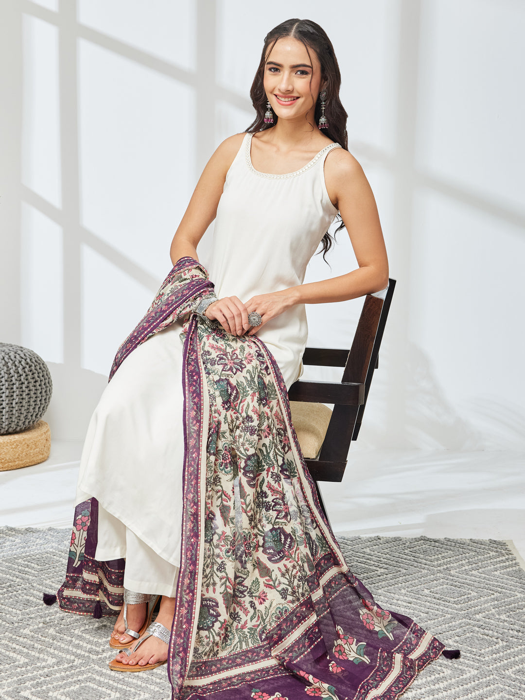 Janasya Women's Off White Rayon Solid Straight Kurta Set with Printed Dupatta