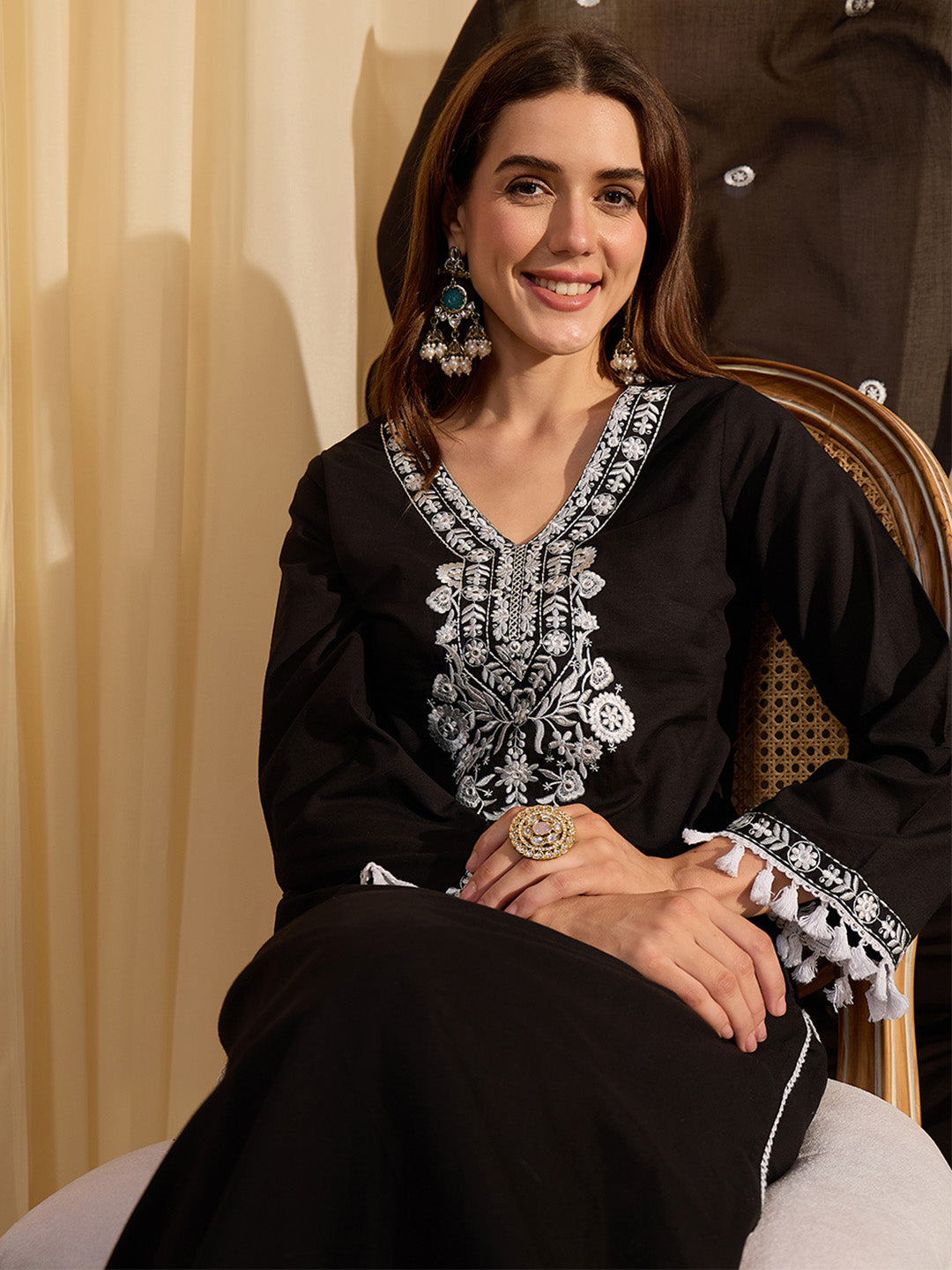 Janasya Women's Black Pure Cotton Floral Embroidered Straight Kurta Set