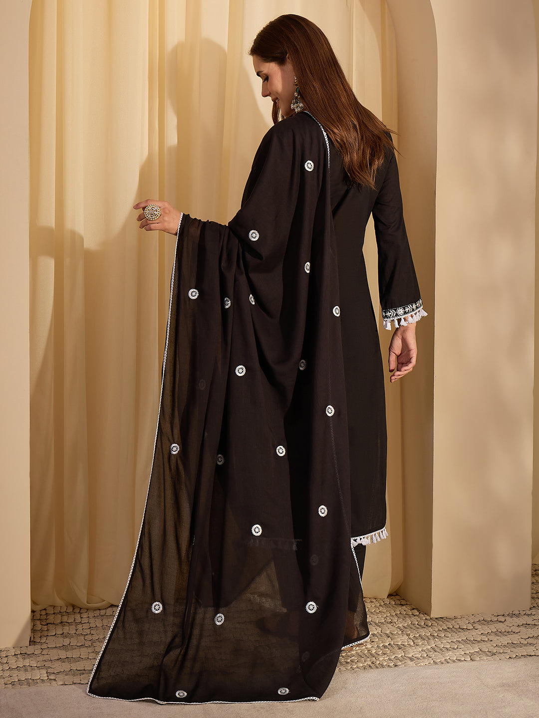 Janasya Women's Black Pure Cotton Floral Embroidered Straight Kurta Set
