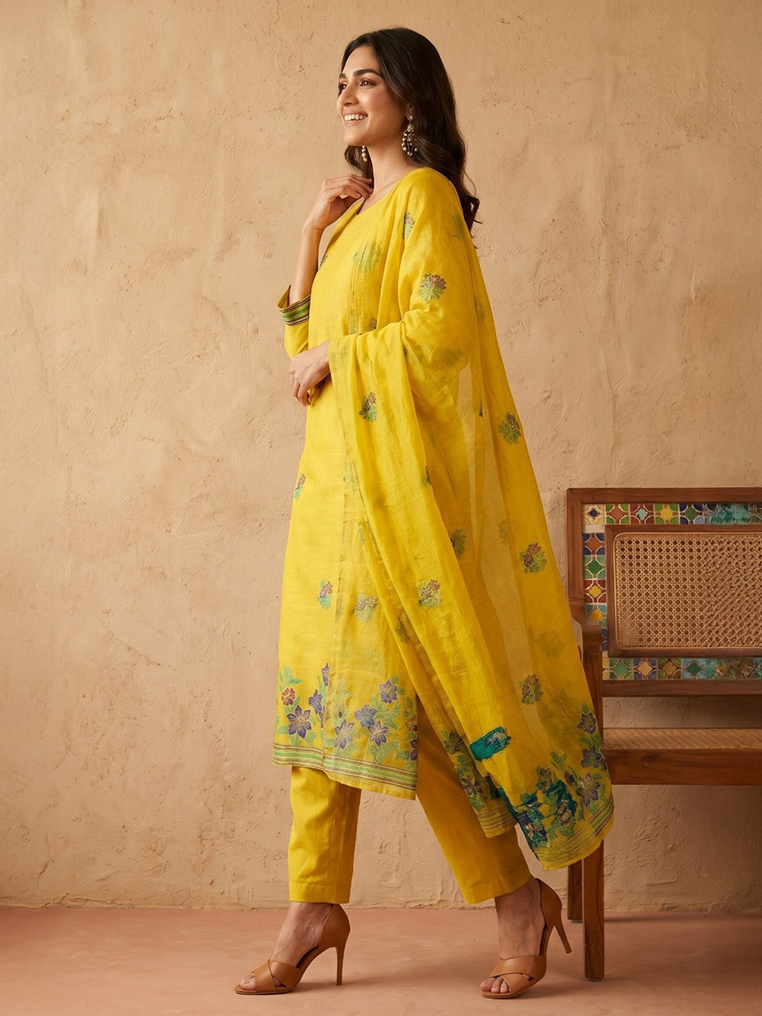 Janasya Women's Yellow Chanderi Cotton Jacquard Floral Woven Straight Kurta Set