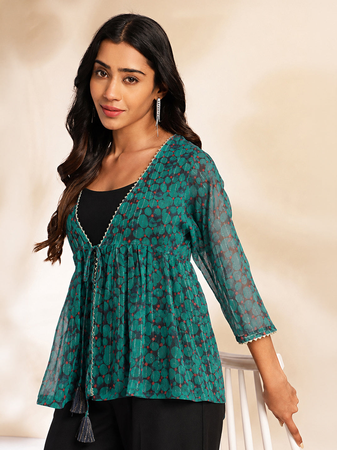 Janasya Women's Navy Blue Chiffon Solid Shoulder Strap Crop Top with Trouser & Floral Printed Shrug