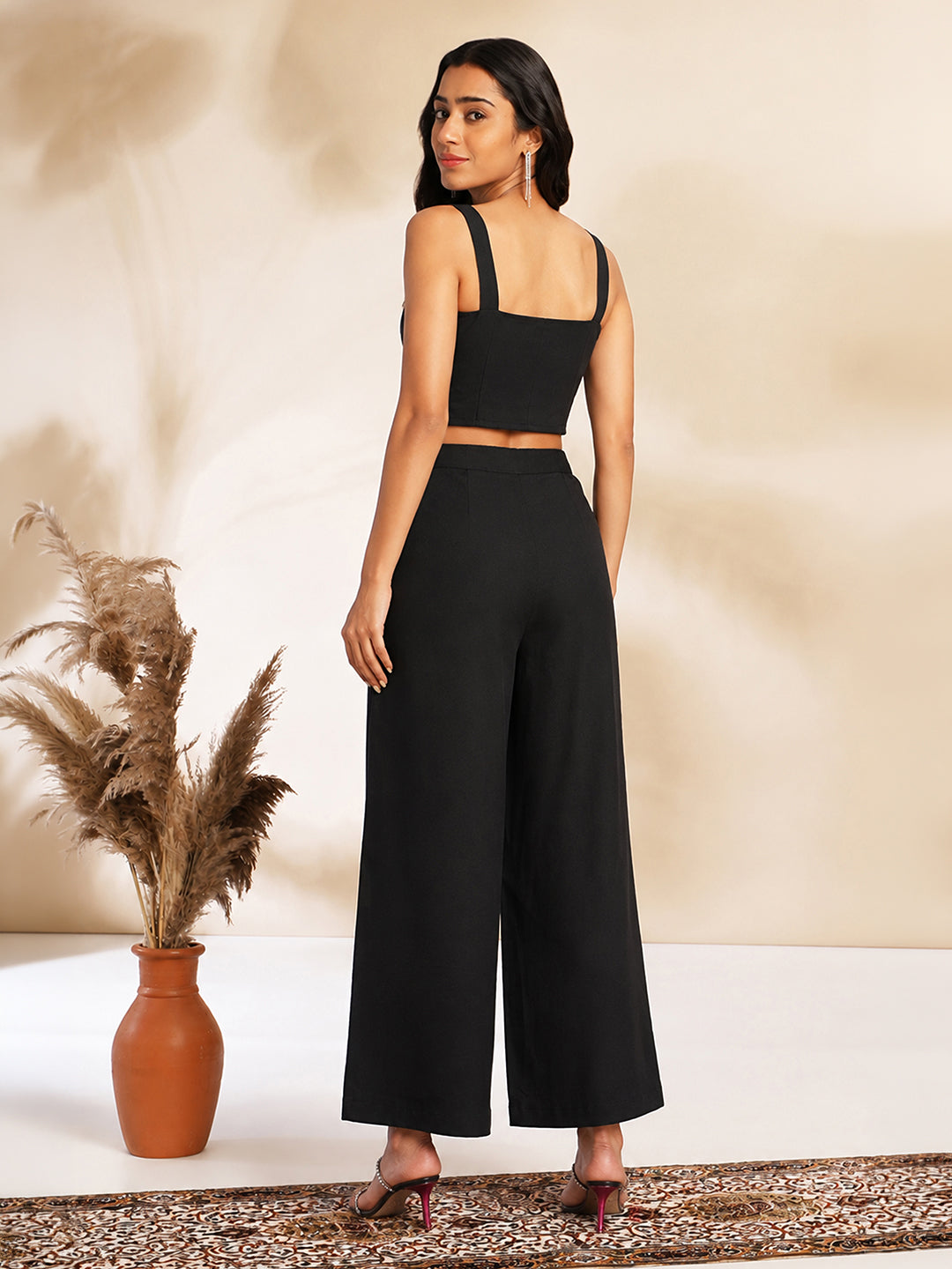 Janasya Women's Navy Blue Chiffon Solid Shoulder Strap Crop Top with Trouser & Floral Printed Shrug