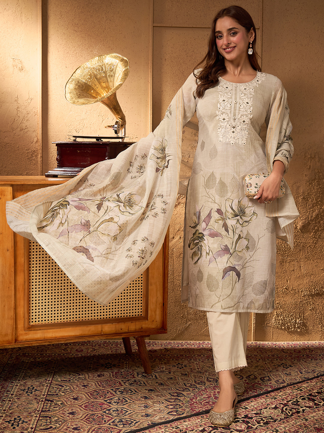 Janasya Women's Mint Green Cotton Linen Floral Embroidered Straight Kurta Set