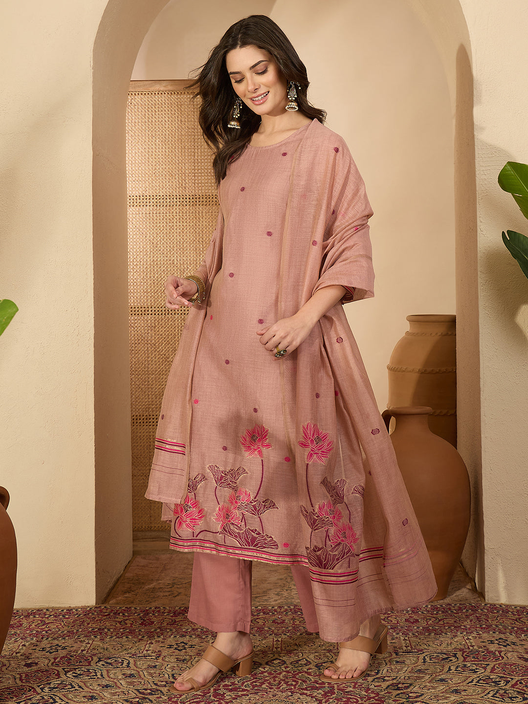 Janasya Women's Dusty Pink Chanderi Cotton Jacquard Floral Woven Straight Kurta Set