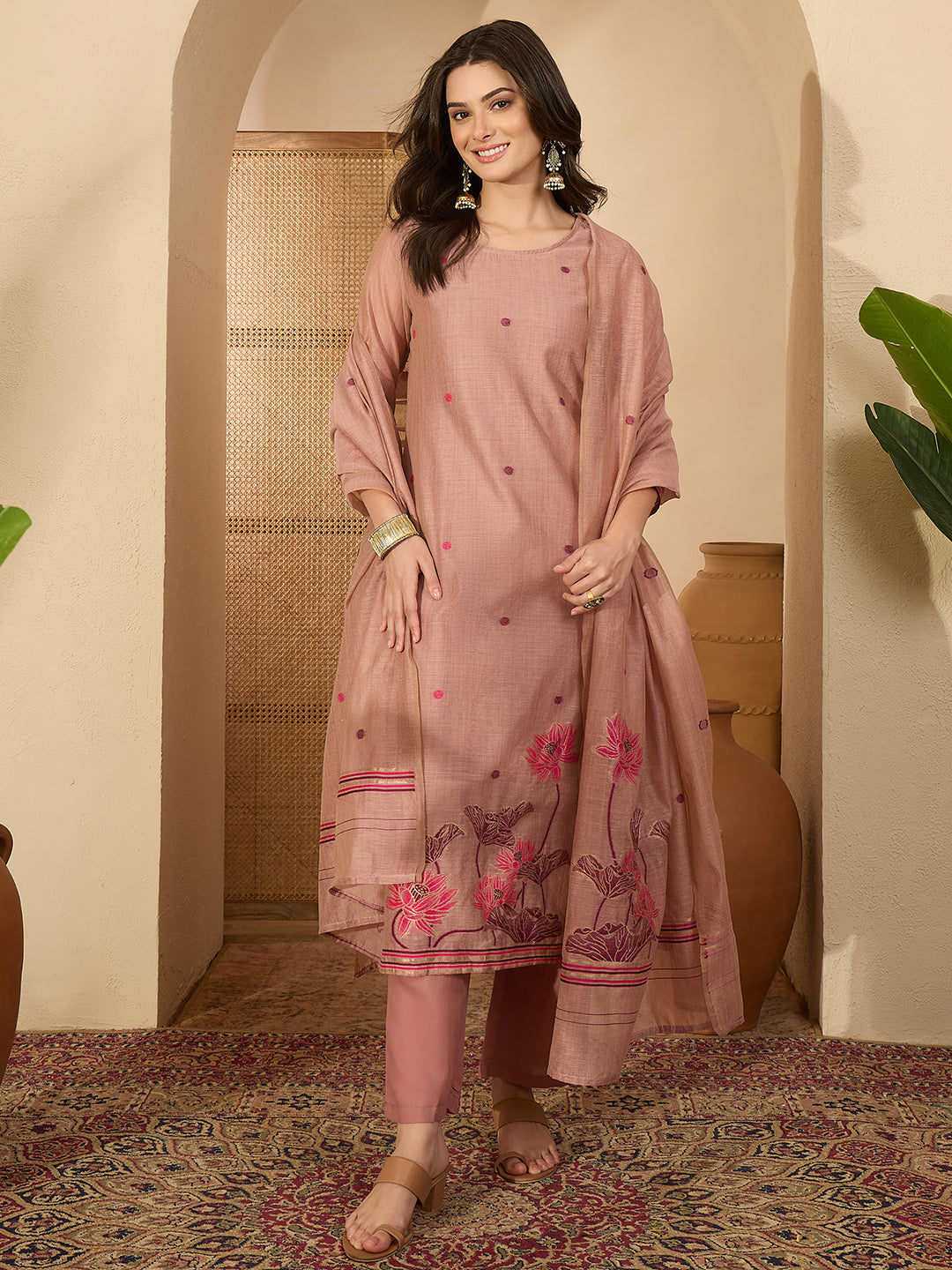Janasya Women's Dusty Pink Chanderi Cotton Jacquard Floral Woven Straight Kurta Set