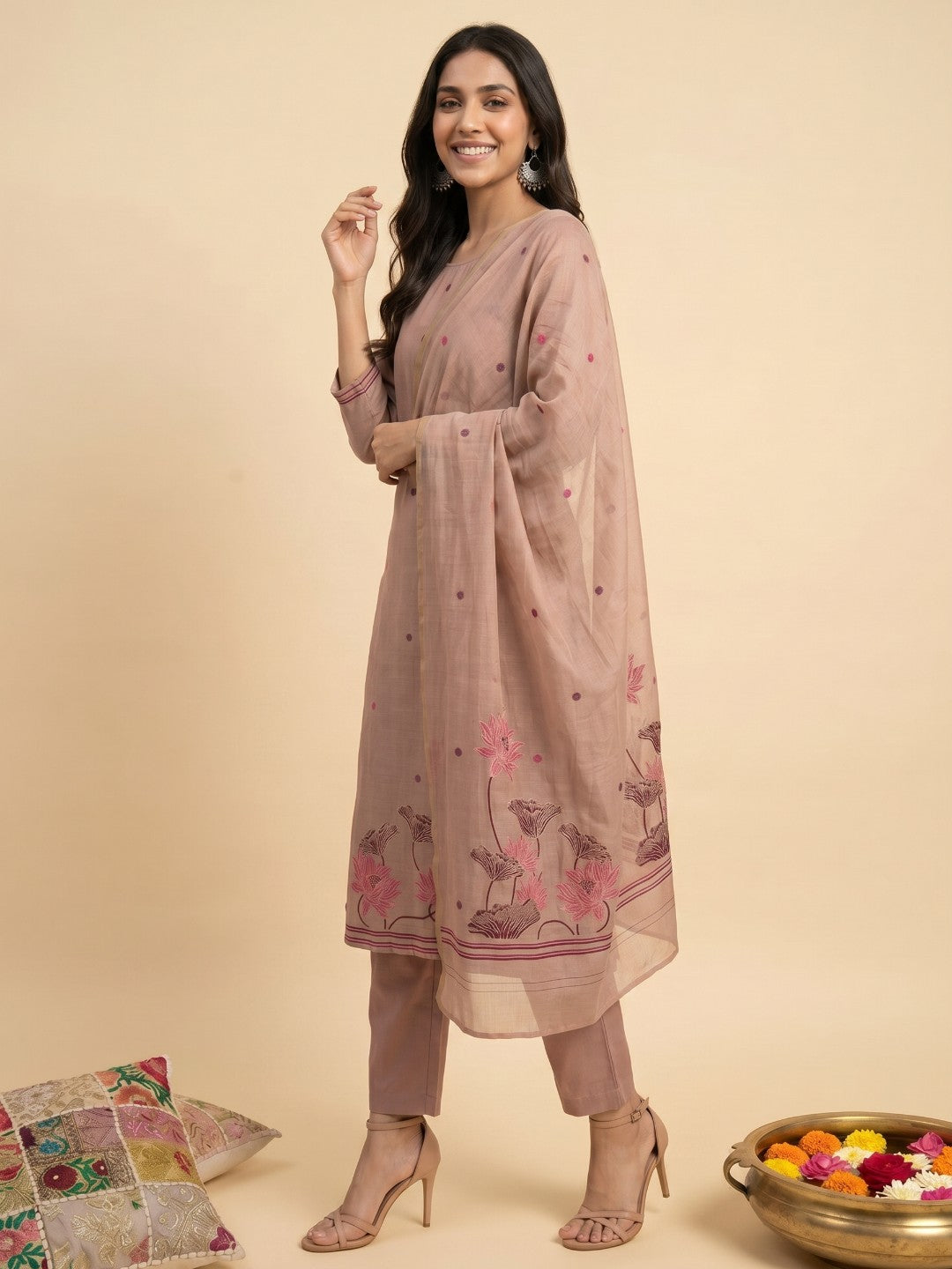 Janasya Women's Dusty Pink Chanderi Cotton Jacquard Floral Woven Straight Kurta Set