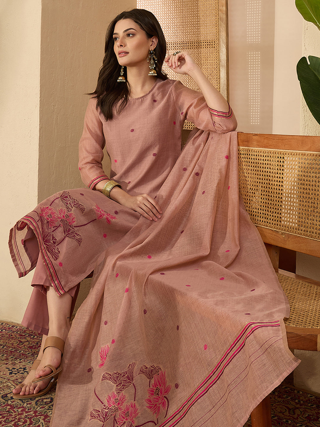 Janasya Women's Dusty Pink Chanderi Cotton Jacquard Floral Woven Straight Kurta Set
