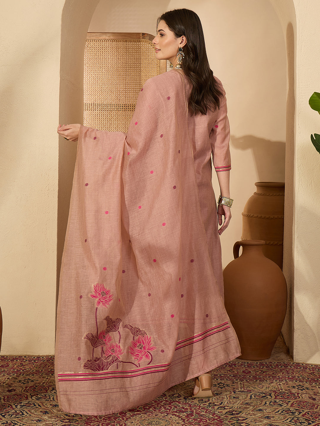 Janasya Women's Dusty Pink Chanderi Cotton Jacquard Floral Woven Straight Kurta Set