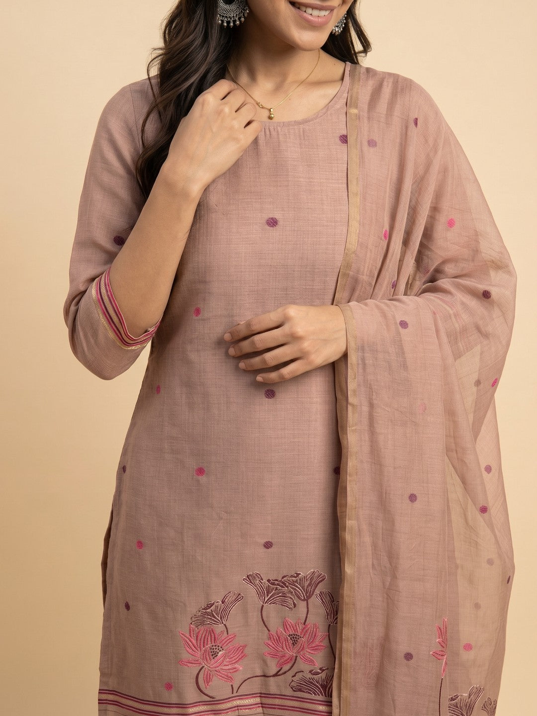 Janasya Women's Dusty Pink Chanderi Cotton Jacquard Floral Woven Straight Kurta Set