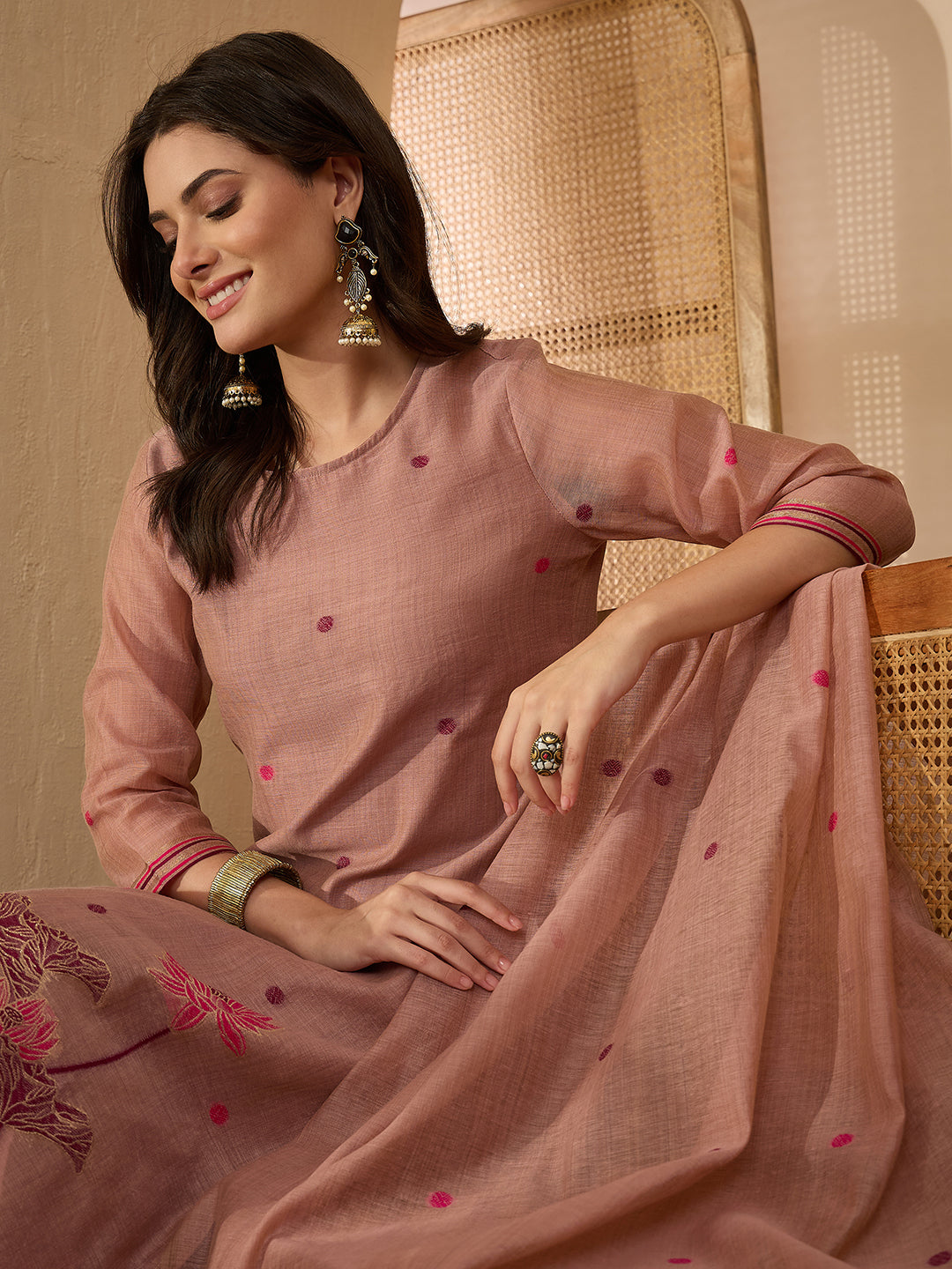 Janasya Women's Dusty Pink Chanderi Cotton Jacquard Floral Woven Straight Kurta Set