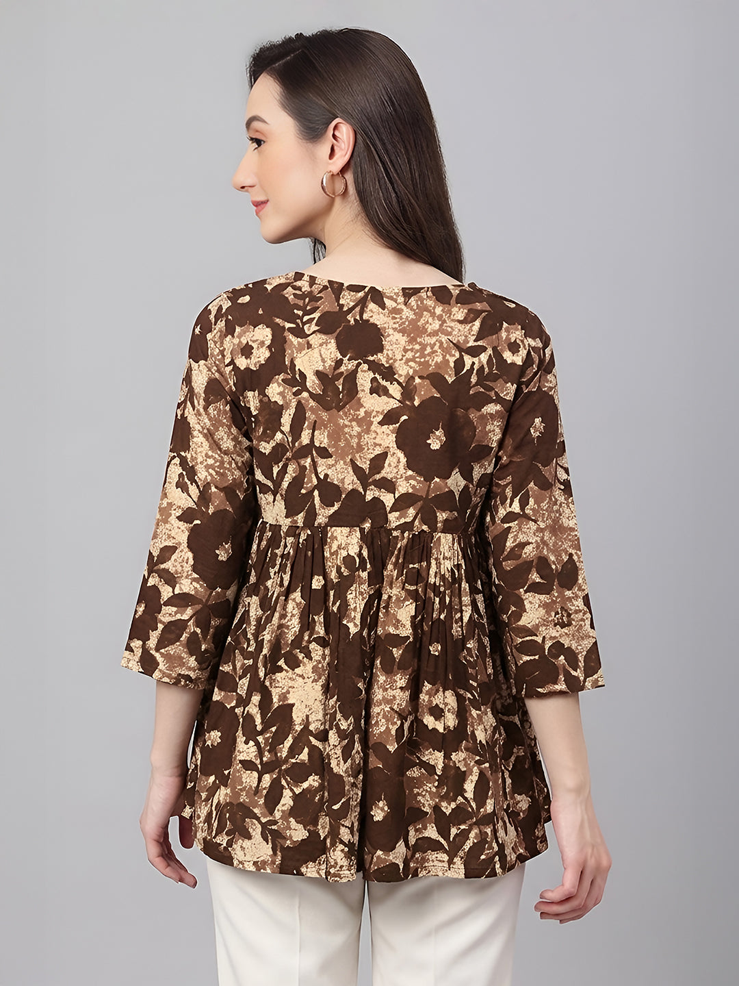 Janasya Women's Beige Pure Cotton Floral Printed Peplum Top