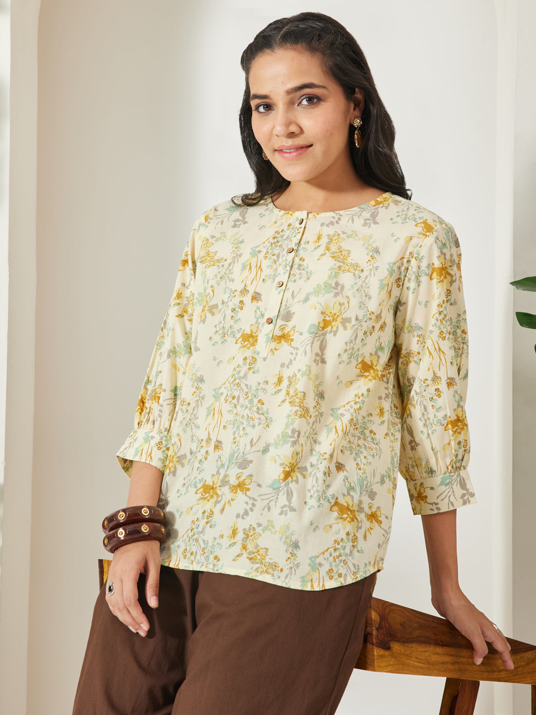 Janasya Women's Light Yellow Pure Cotton Floral Printed A-Line Top