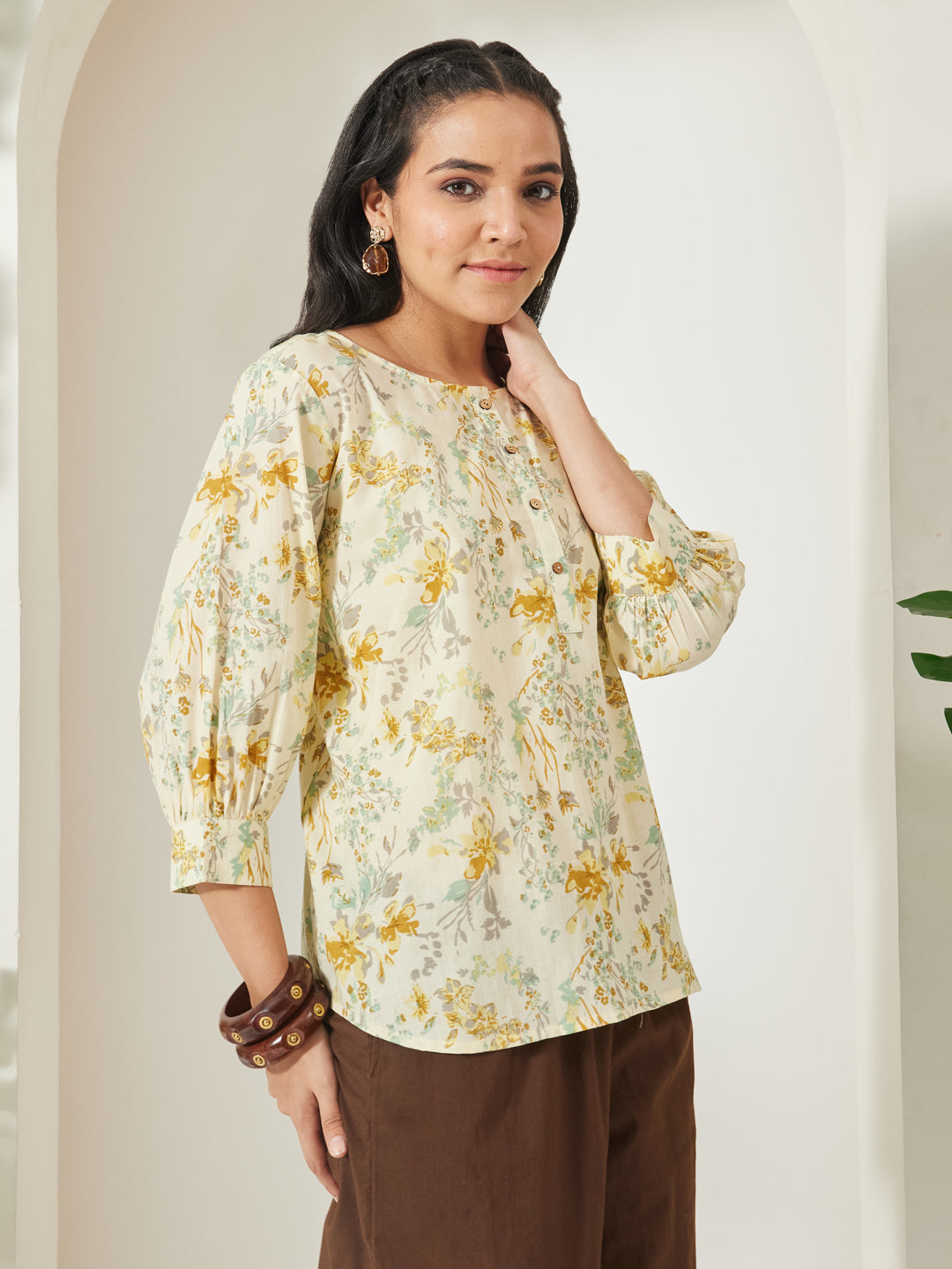 Janasya Women's Light Yellow Pure Cotton Floral Printed A-Line Top