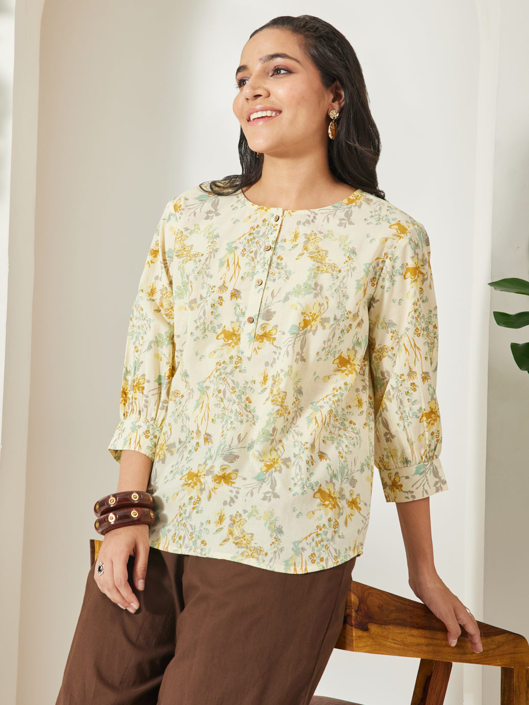 Janasya Women's Light Yellow Pure Cotton Floral Printed A-Line Top