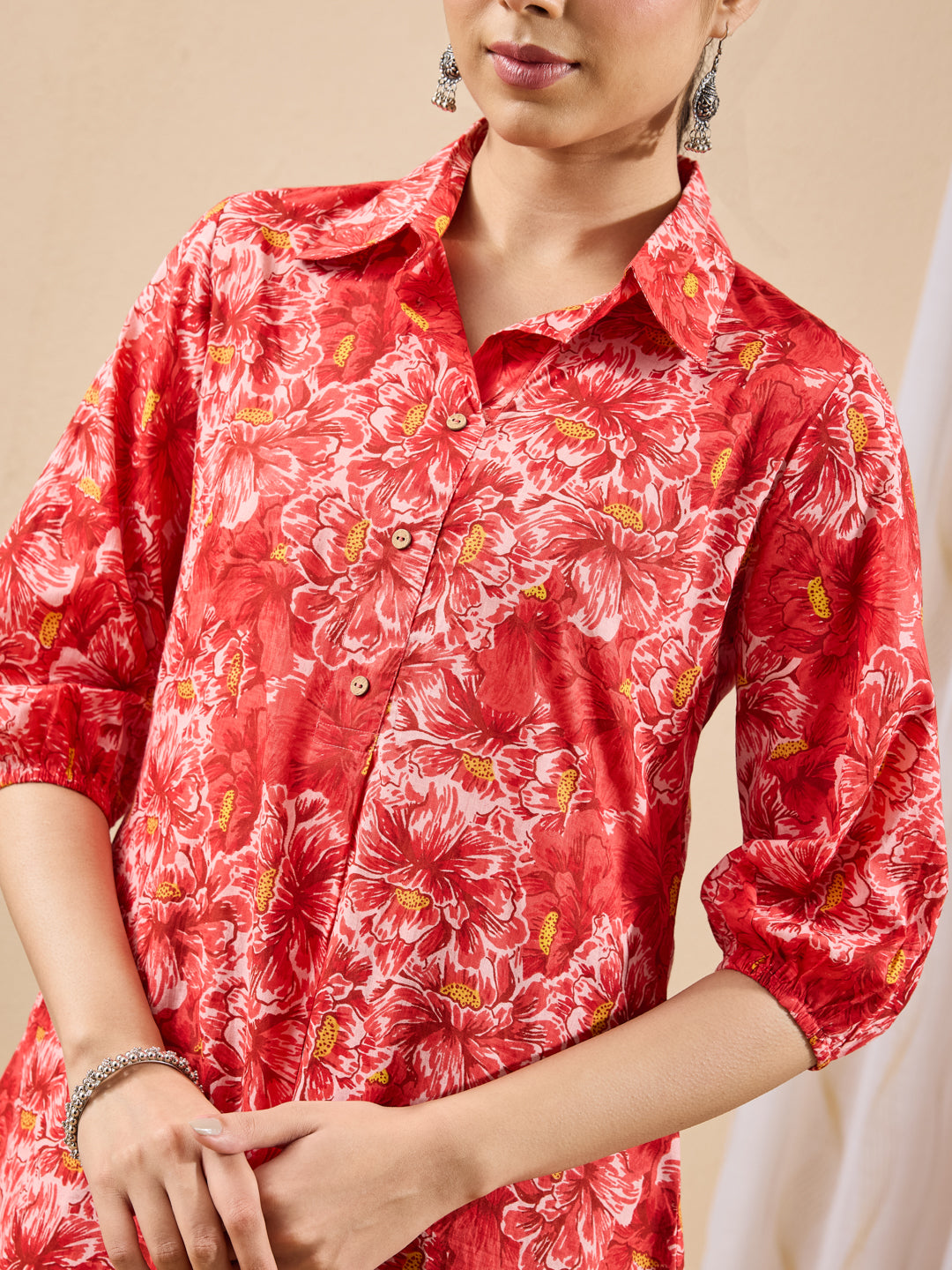 Janasya Women's Coral Pure Cotton Floral Printed A-line Tunic