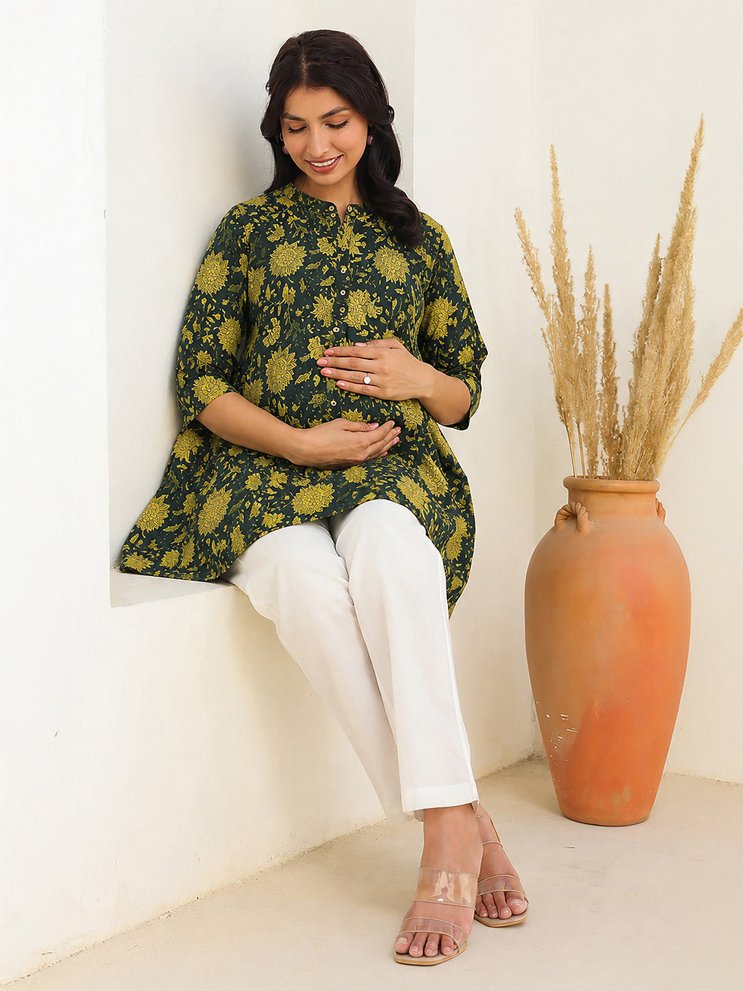 Janasya Women's Maternity Dark Green Pure Cotton Floral Printed A-Line Tunic