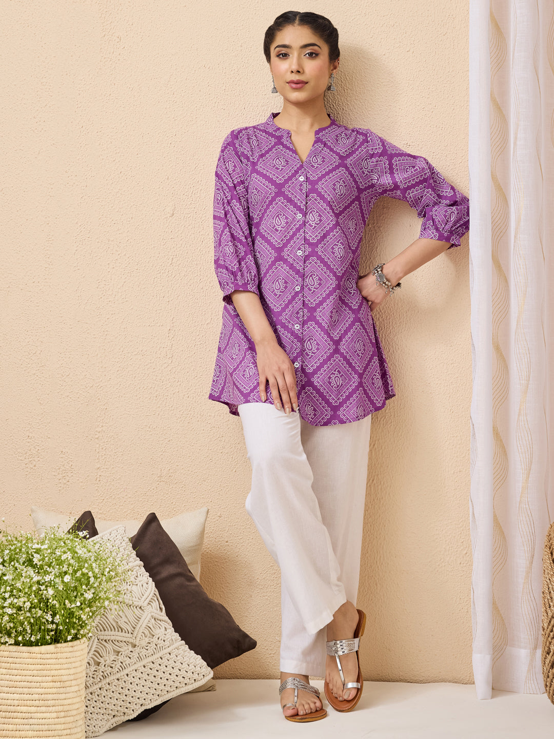 Janasya Women's Purple Pure Cotton Bandhani Printed A-line Tunic