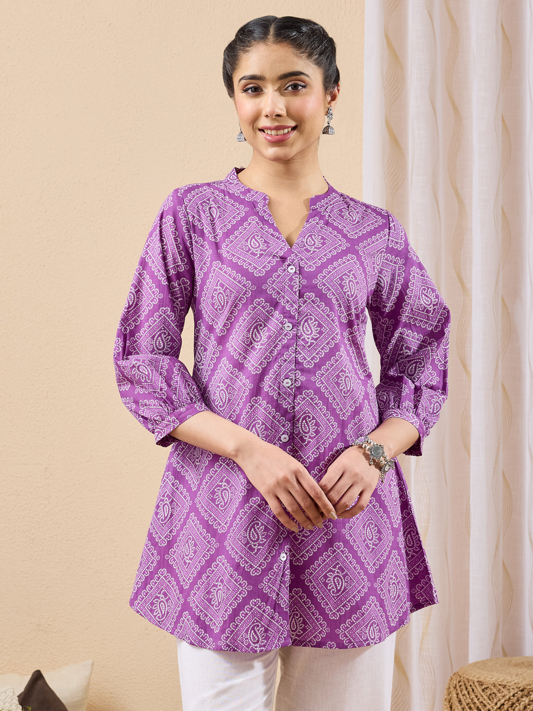 Janasya Women's Purple Pure Cotton Bandhani Printed A-line Tunic