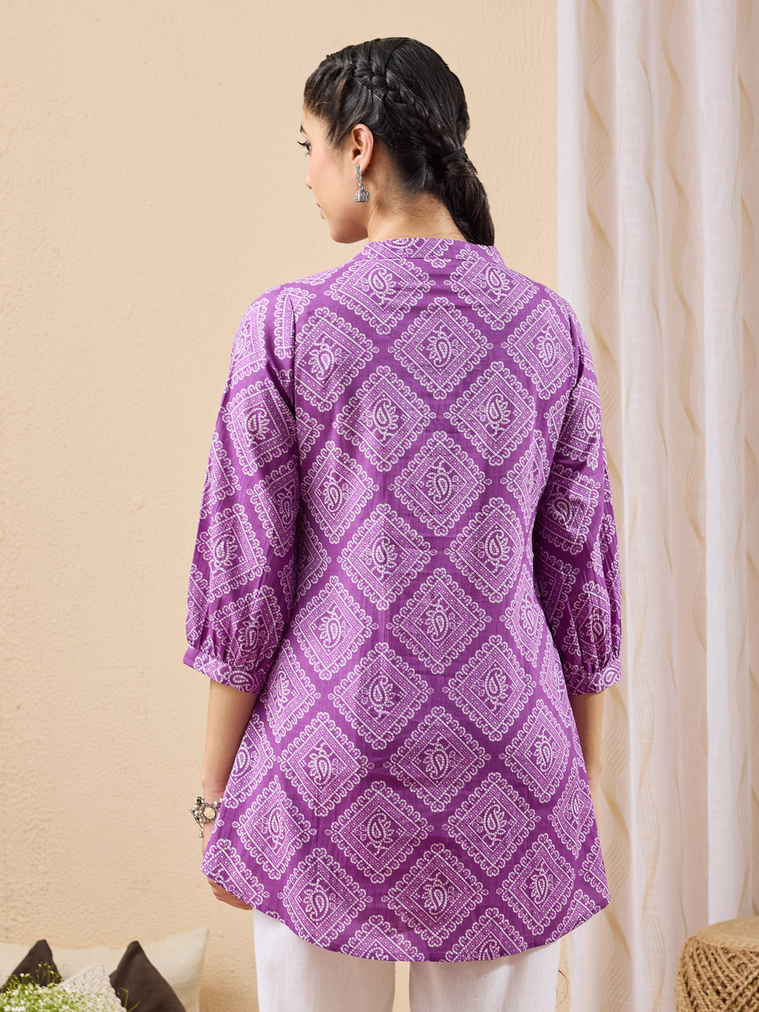 Janasya Women's Purple Pure Cotton Bandhani Printed A-line Tunic