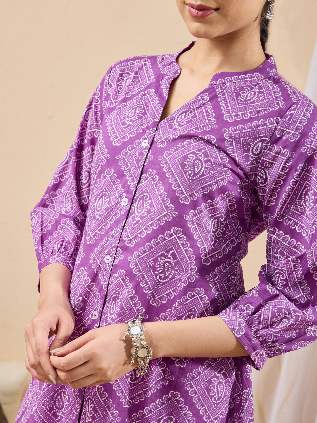 Janasya Women's Purple Pure Cotton Bandhani Printed A-line Tunic