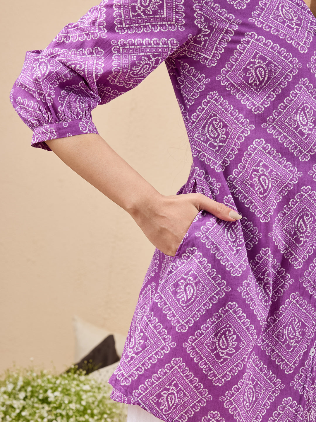Janasya Women's Purple Pure Cotton Bandhani Printed A-line Tunic