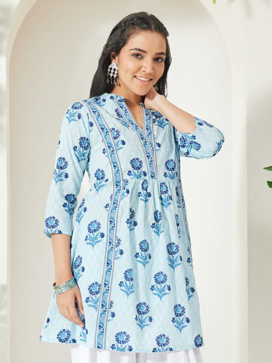Janasya Women's Light Blue Pure Cotton Floral Printed A-Line Tunic