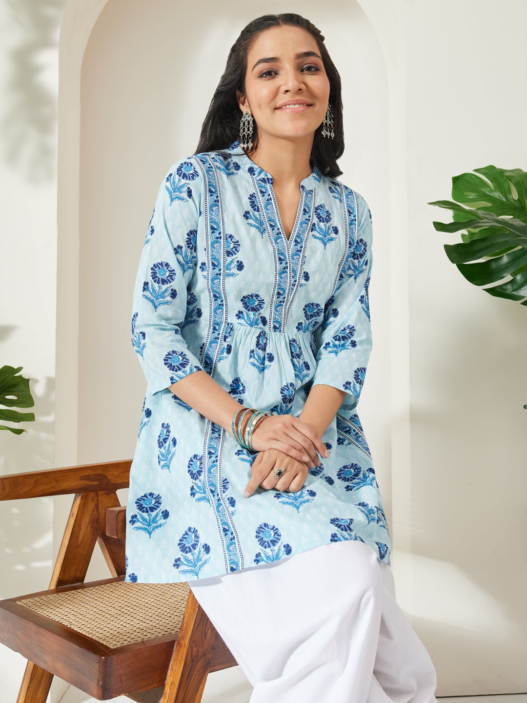 Janasya Women's Light Blue Pure Cotton Floral Printed A-Line Tunic