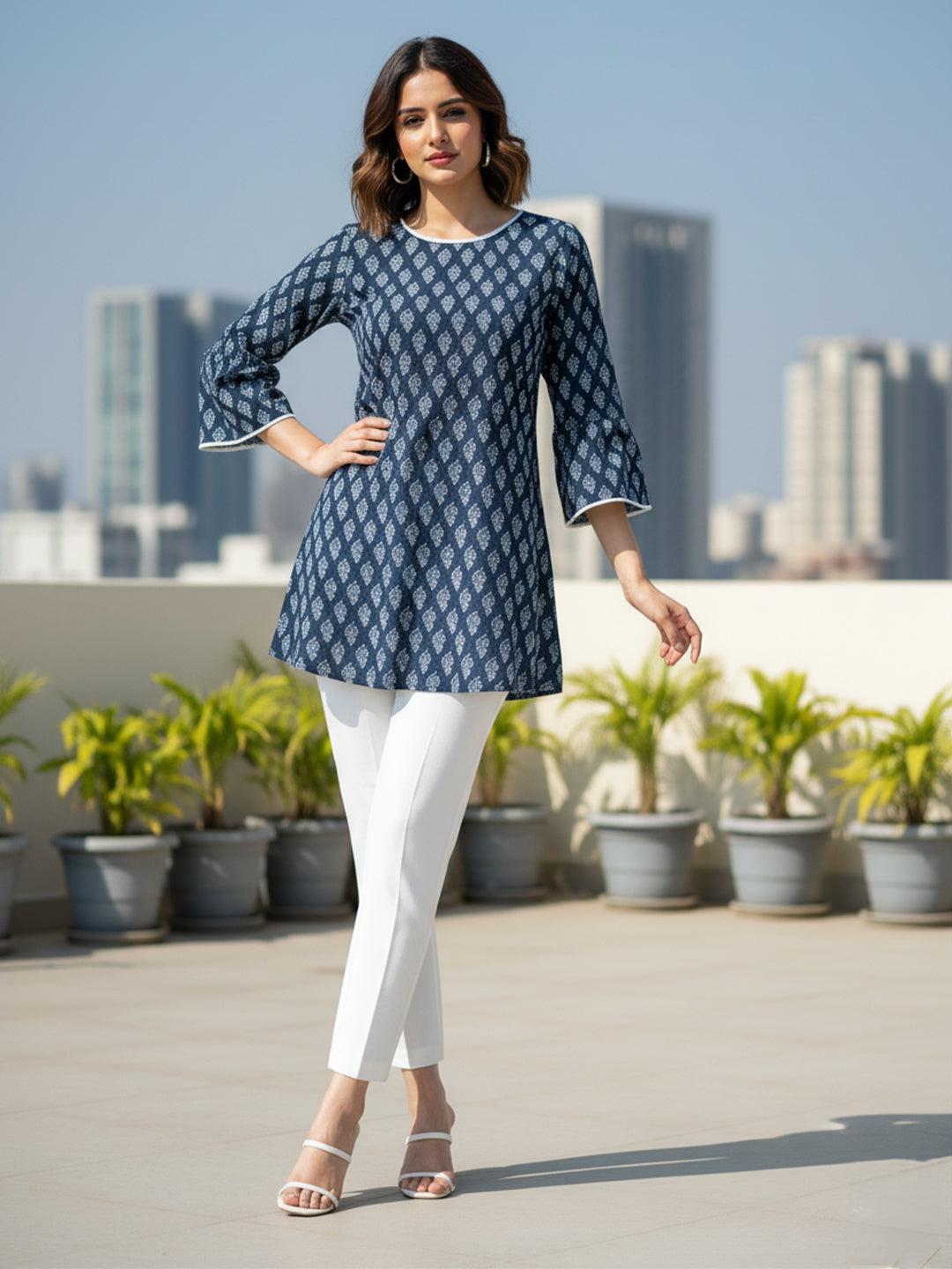 Janasya Women's Indigo Pure Cotton Batik Printed Straight Tunic