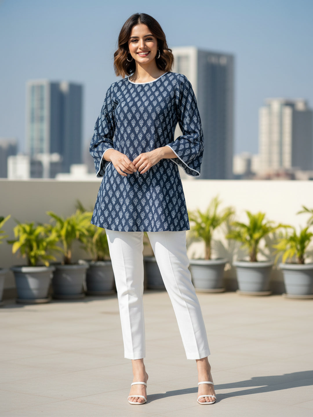 Janasya Women's Indigo Pure Cotton Batik Printed Straight Tunic