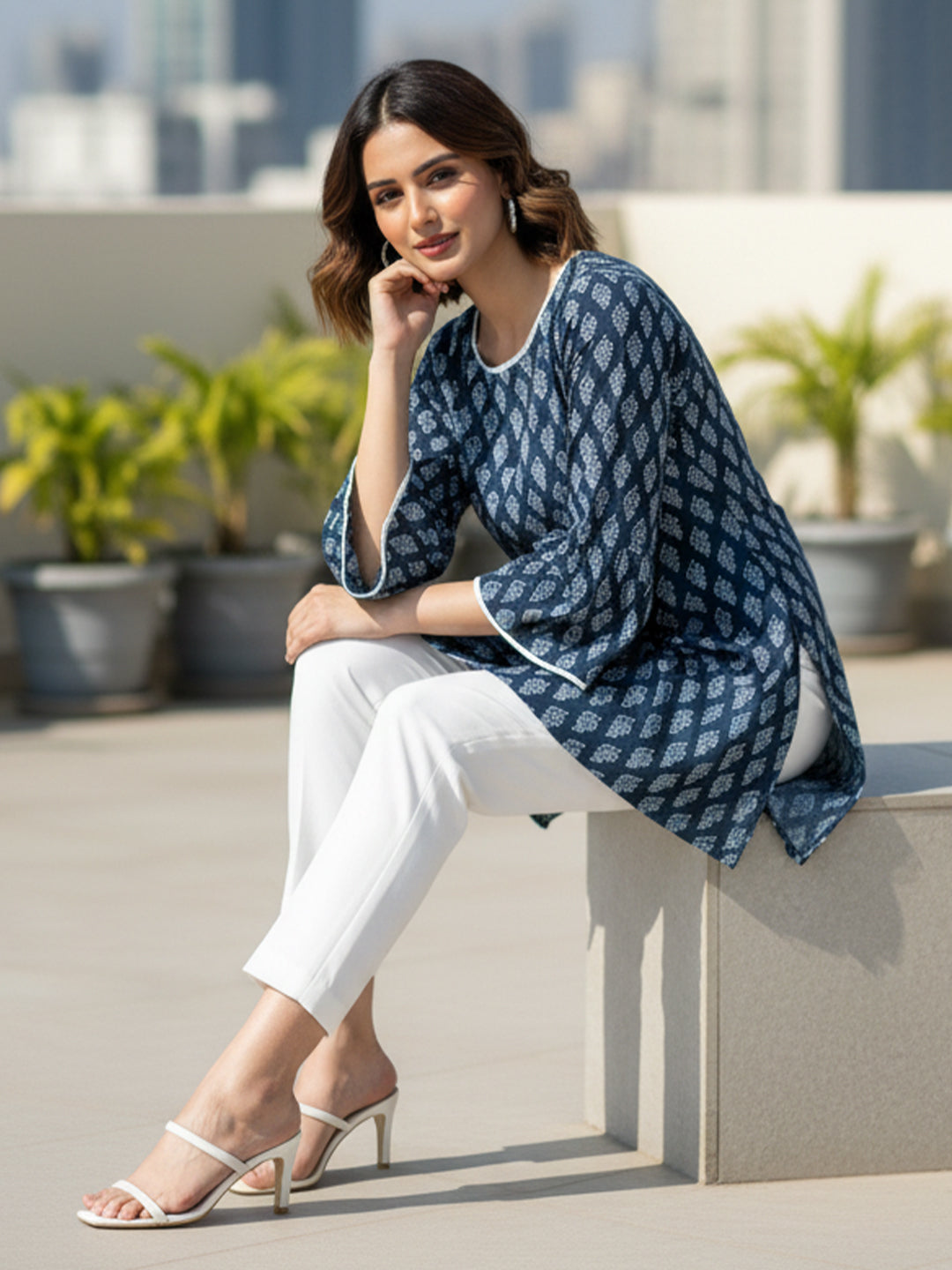 Janasya Women's Indigo Pure Cotton Batik Printed Straight Tunic