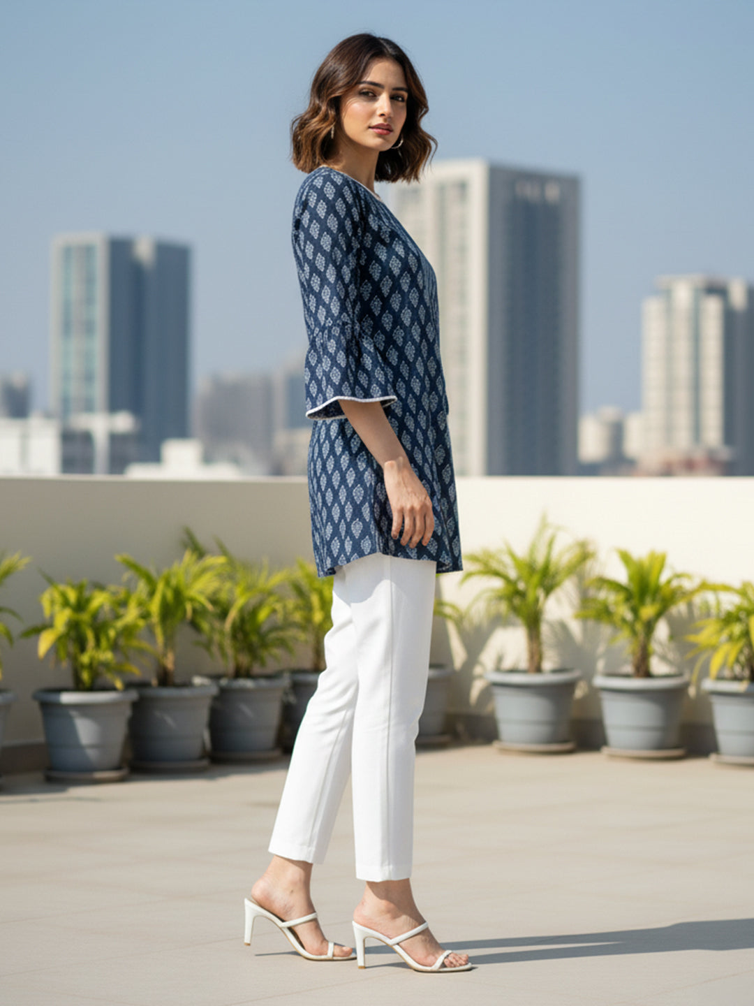 Janasya Women's Indigo Pure Cotton Batik Printed Straight Tunic