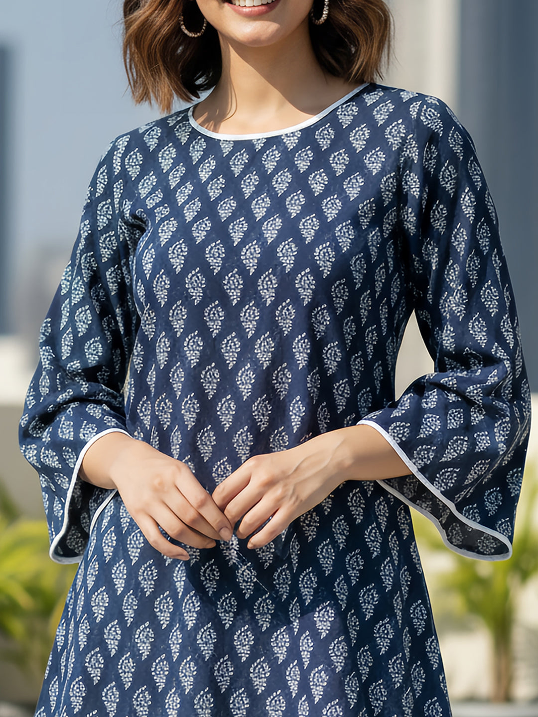 Janasya Women's Indigo Pure Cotton Batik Printed Straight Tunic