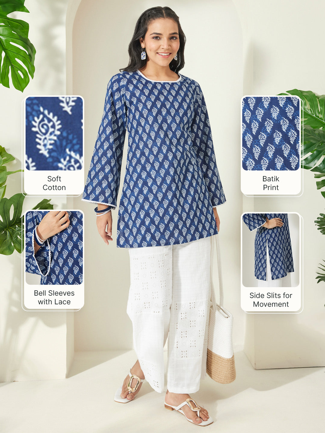 Janasya Women's Indigo Pure Cotton Batik Printed Straight Tunic