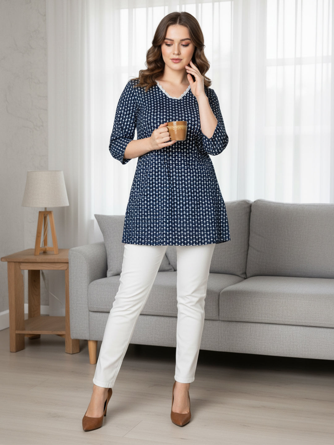 Janasya Women's Indigo Pure Cotton Ethnic Motifs Printed Straight Tunic