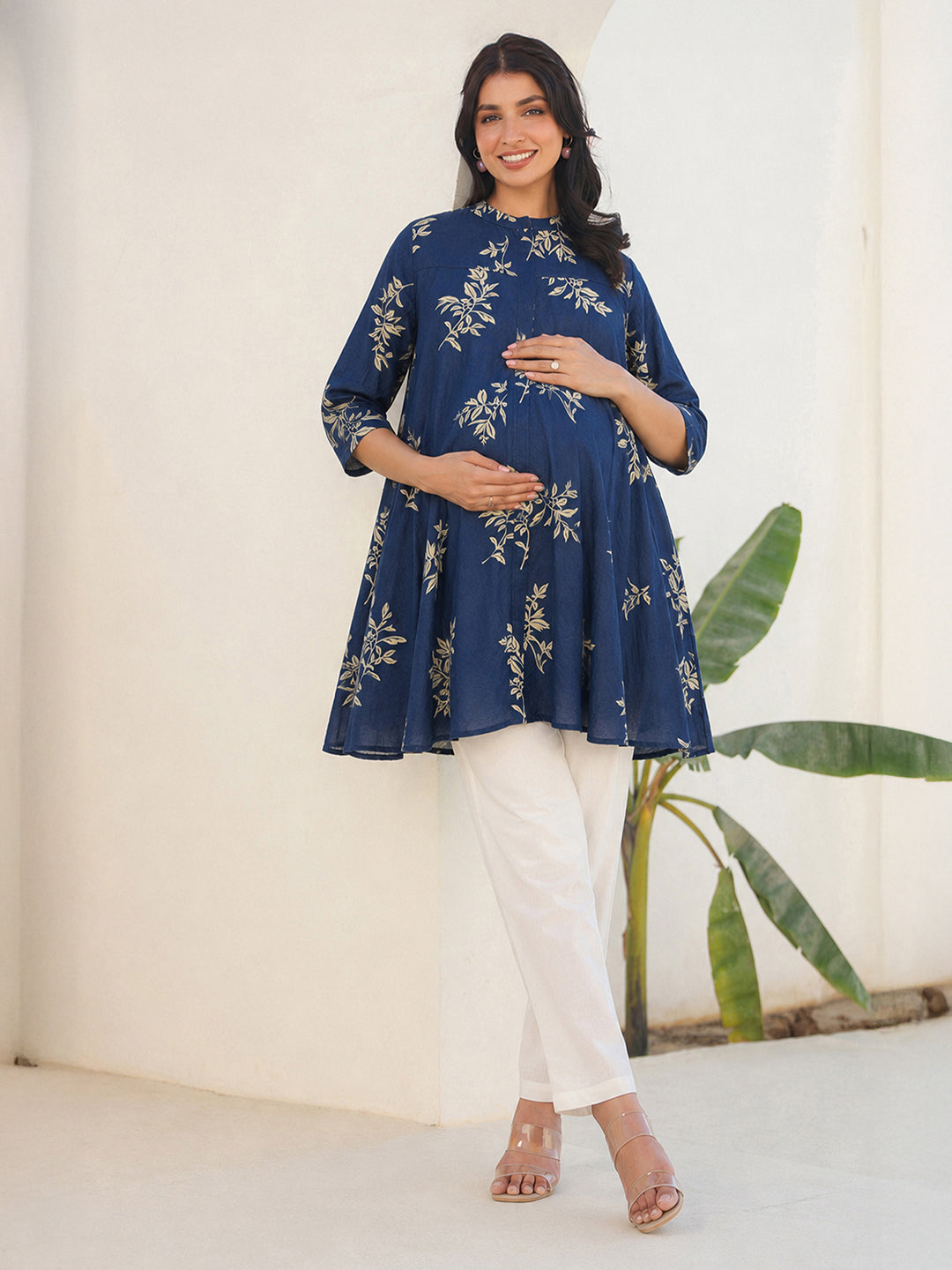 Janasya Women's Maternity Navy Blue Pure Cotton Floral Printed A-Line Tunic