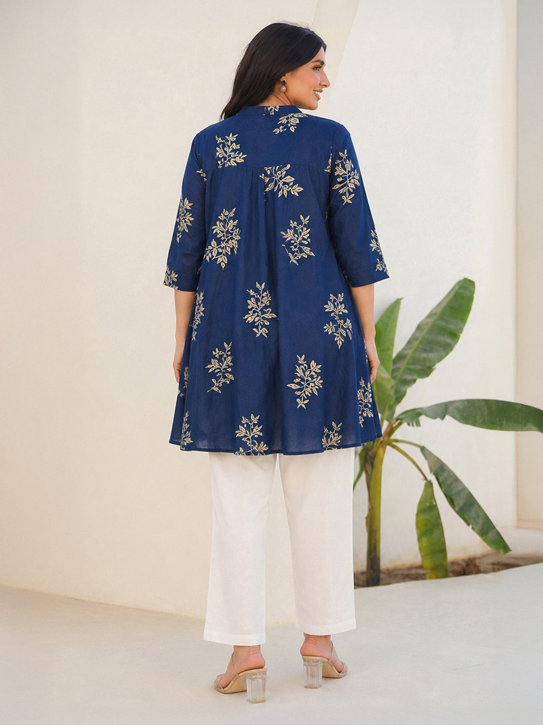 Janasya Women's Maternity Navy Blue Pure Cotton Floral Printed A-Line Tunic