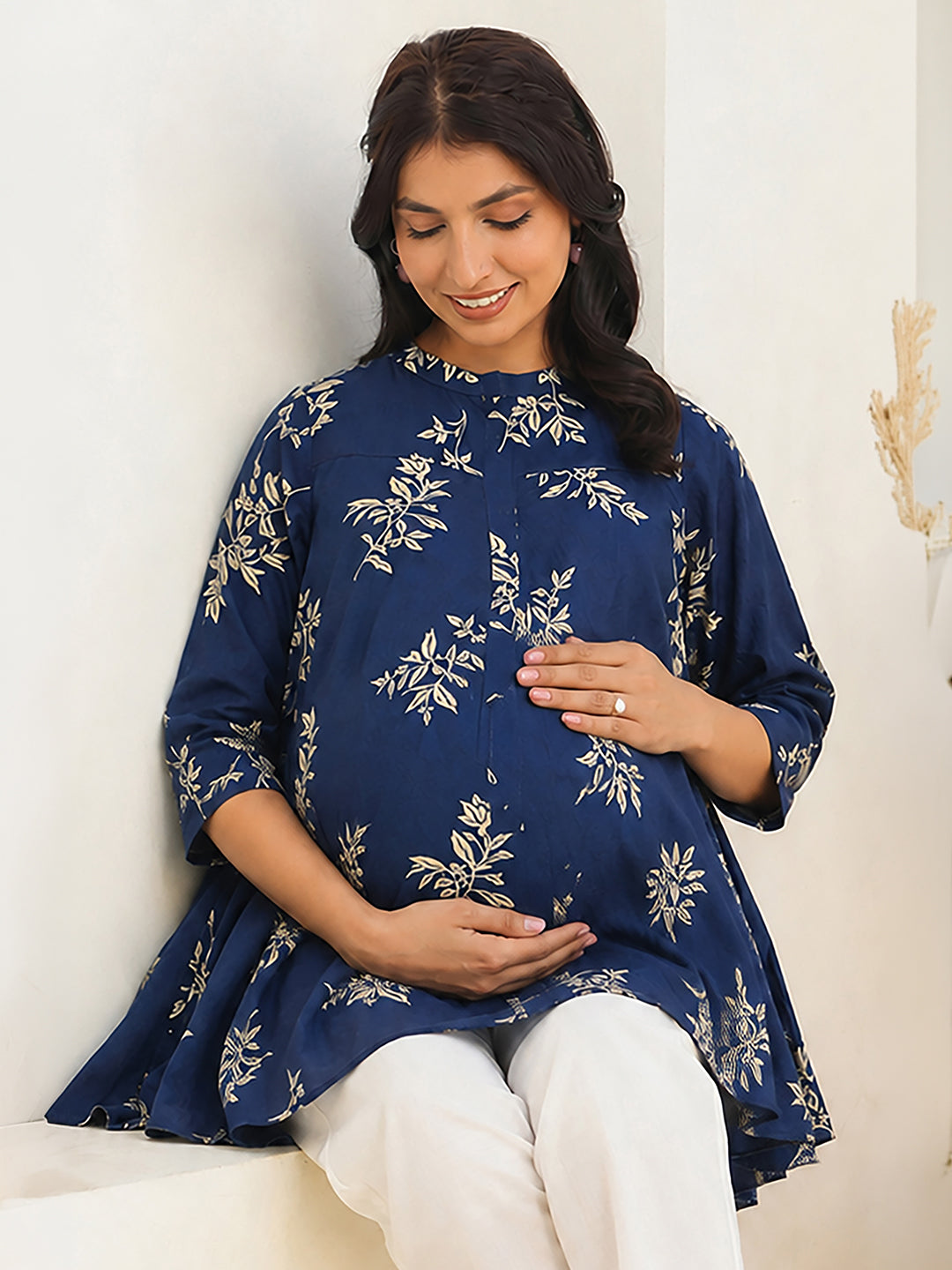 Janasya Women's Maternity Navy Blue Pure Cotton Floral Printed A-Line Tunic