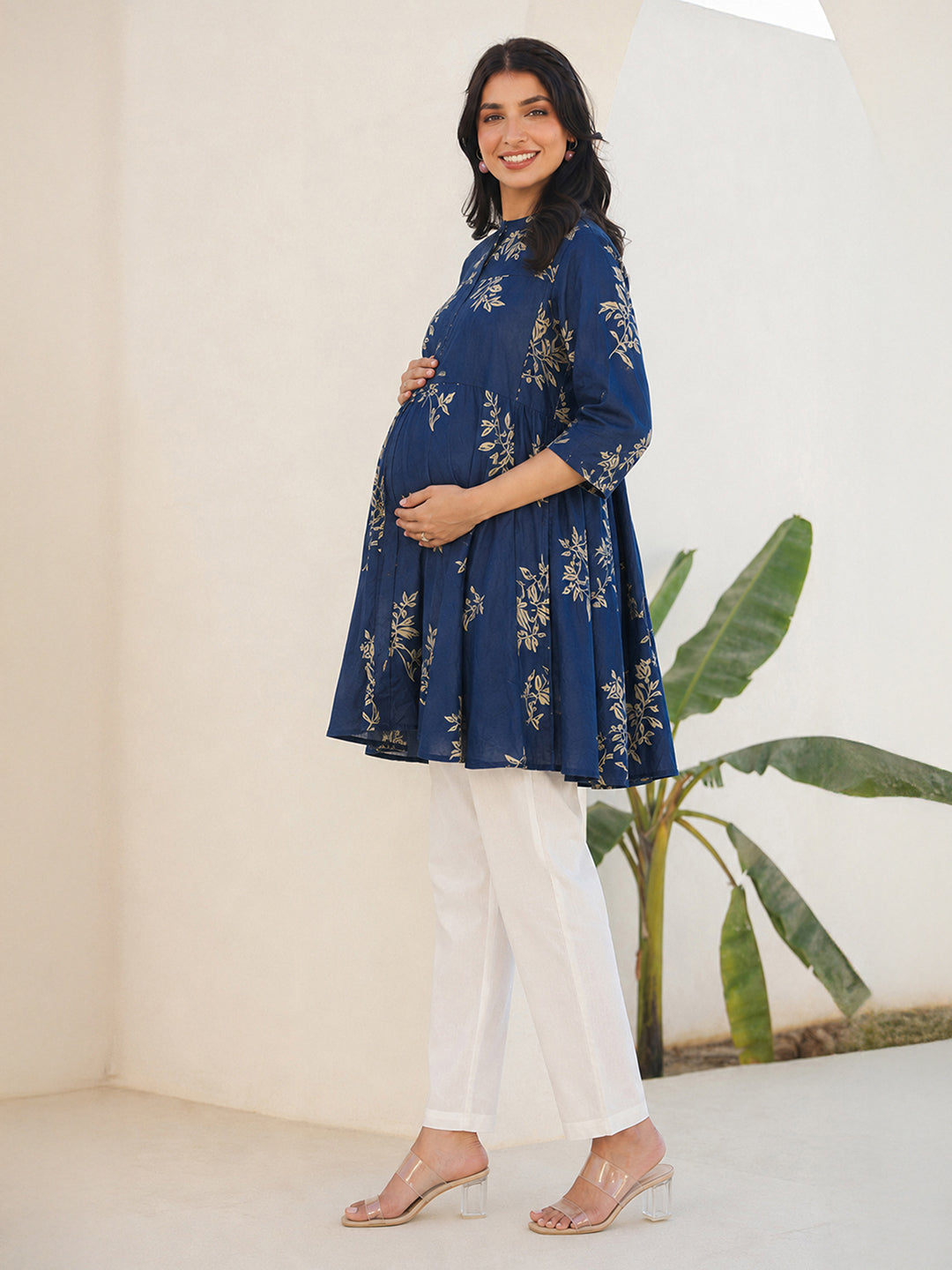 Janasya Women's Maternity Navy Blue Pure Cotton Floral Printed A-Line Tunic