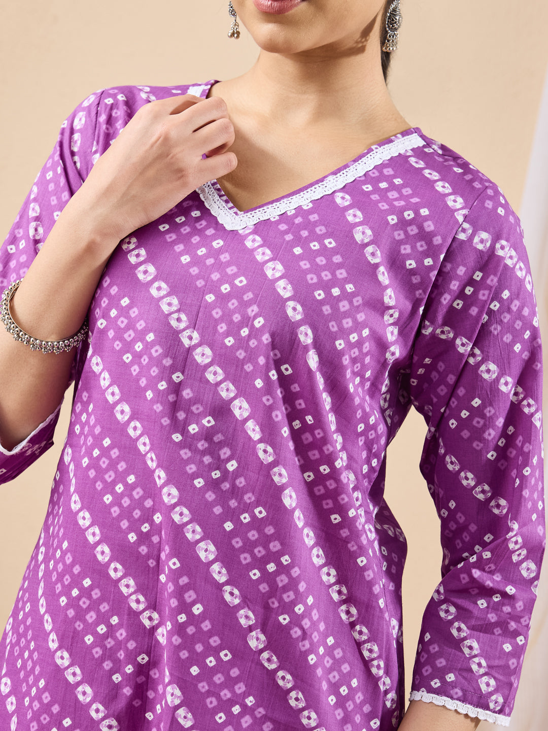 Janasya Women's Purple Pure Cotton Bandhani Printed Straight Tunic