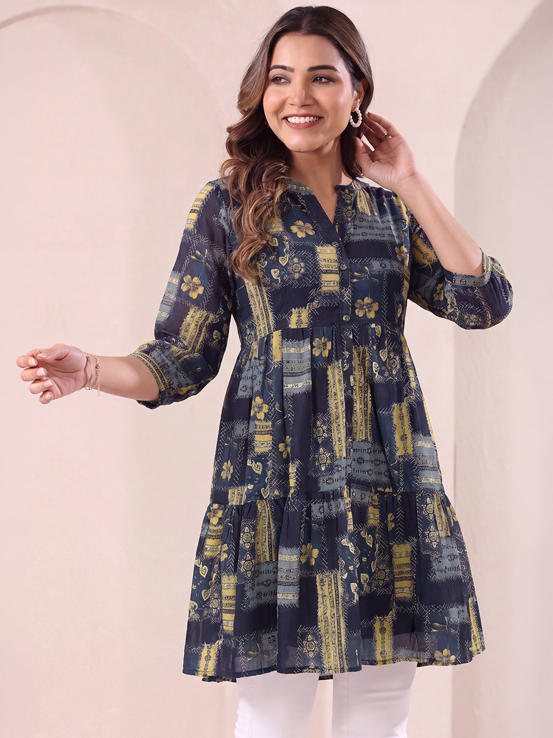Janasya Women's Navy Blue Georgette Floral Printed A-Line Tunic