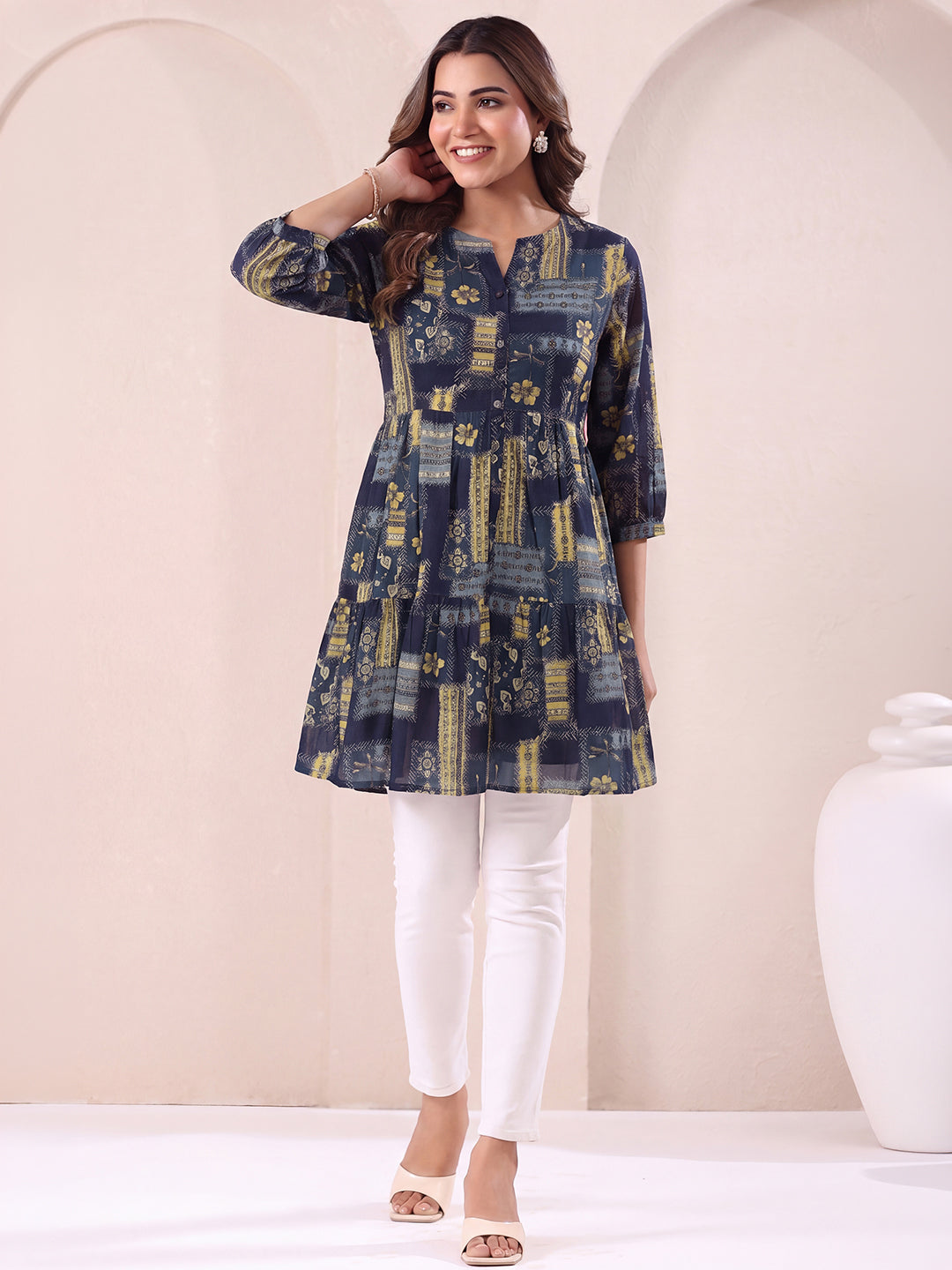 Janasya Women's Navy Blue Georgette Floral Printed A-Line Tunic