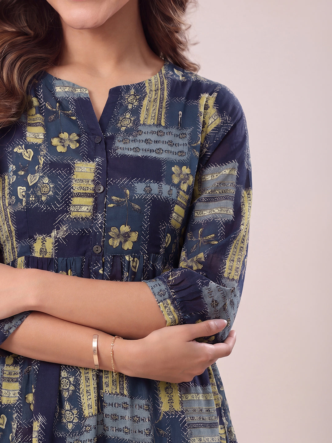 Janasya Women's Navy Blue Georgette Floral Printed A-Line Tunic