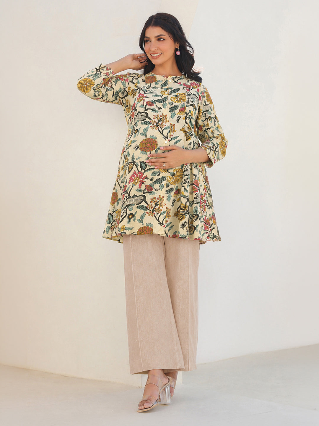Janasya Women's Maternity Beige Pure Cotton Floral Printed A-Line Tunic